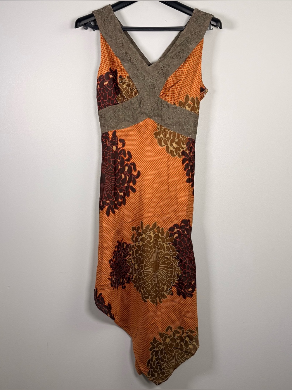 Paul & Joe Orange Floral Asymmetric Dress Silk Blend Taupe Lace Y2K Sz 38